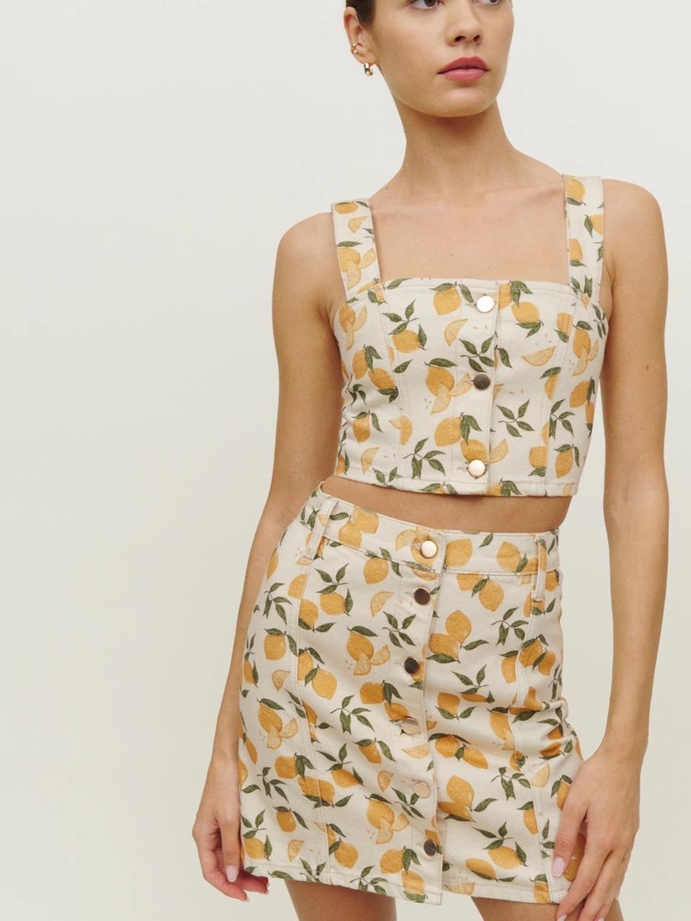 Reformation Cream Mini Skirt with Yellow Orange Lemon Print